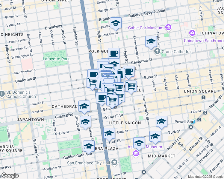 map of restaurants, bars, coffee shops, grocery stores, and more near 1158 Sutter Street in San Francisco