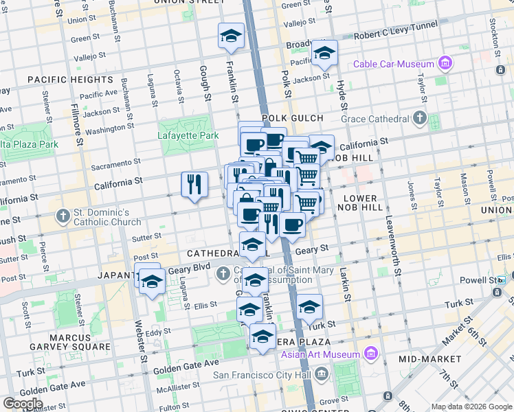 map of restaurants, bars, coffee shops, grocery stores, and more near 1613 Bush Street in San Francisco