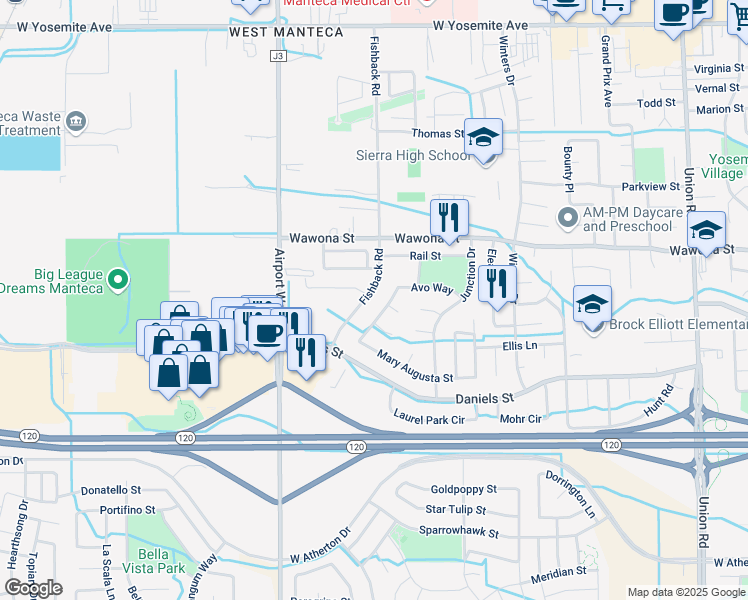 map of restaurants, bars, coffee shops, grocery stores, and more near 1072 Fishback Road in Manteca