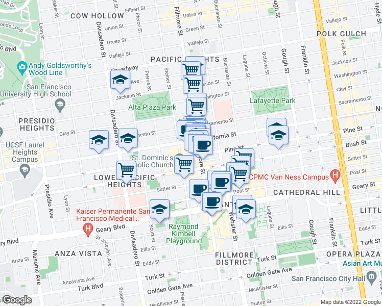map of restaurants, bars, coffee shops, grocery stores, and more near 2352 Pine Street in San Francisco