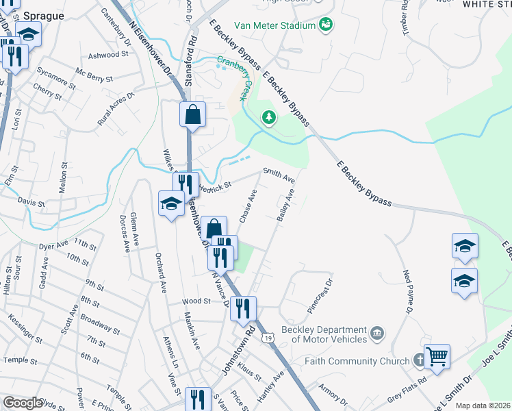 map of restaurants, bars, coffee shops, grocery stores, and more near 151 Chase Avenue in Beckley