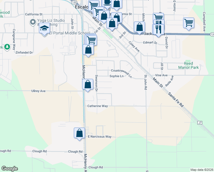 map of restaurants, bars, coffee shops, grocery stores, and more near 1536 Ullrey Avenue in Escalon