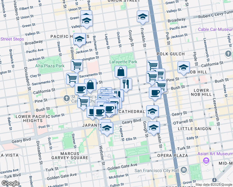 map of restaurants, bars, coffee shops, grocery stores, and more near 1830 Laguna Street in San Francisco