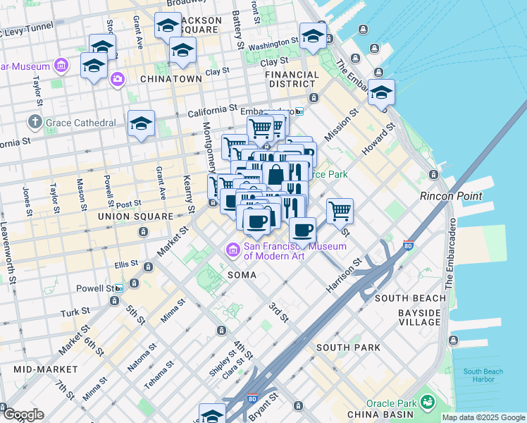 map of restaurants, bars, coffee shops, grocery stores, and more near 101 2nd Street in San Francisco