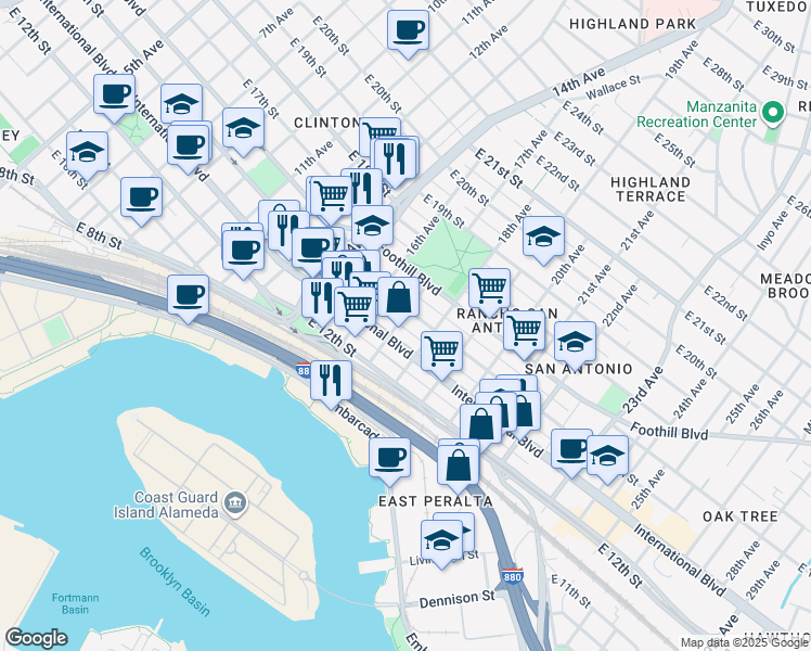 map of restaurants, bars, coffee shops, grocery stores, and more near 1460 17th Avenue in Oakland