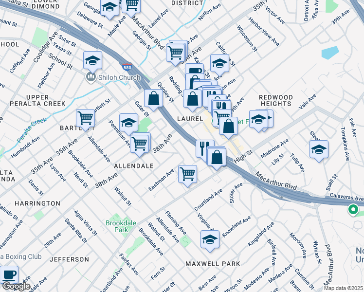 map of restaurants, bars, coffee shops, grocery stores, and more near 4012 Suter Street in Oakland