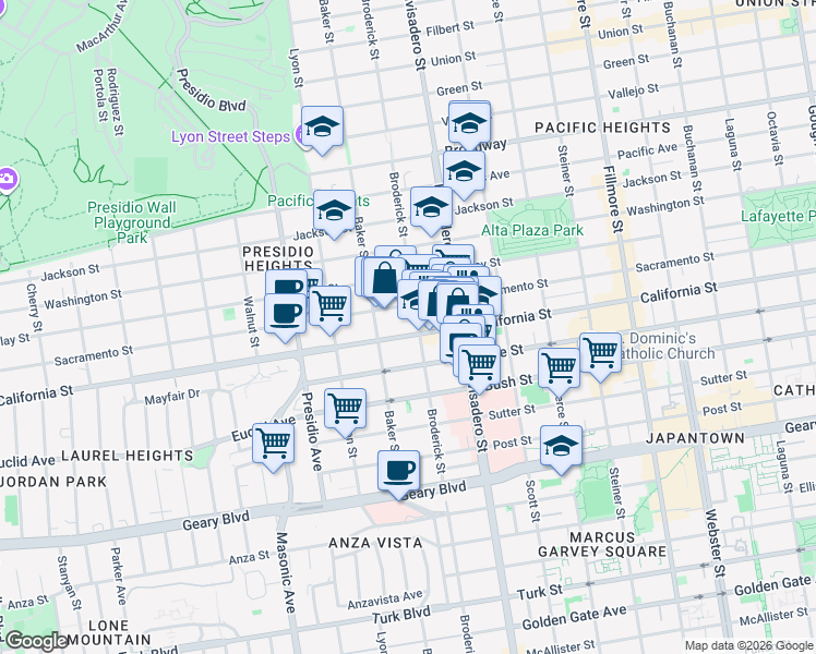 map of restaurants, bars, coffee shops, grocery stores, and more near 2848 California Street in San Francisco