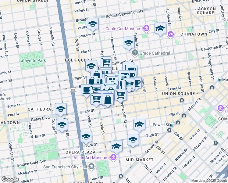 map of restaurants, bars, coffee shops, grocery stores, and more near 965 Sutter Street in San Francisco