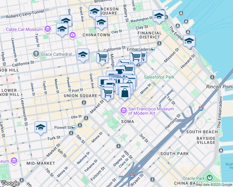 map of restaurants, bars, coffee shops, grocery stores, and more near 105 Jessie Street in San Francisco