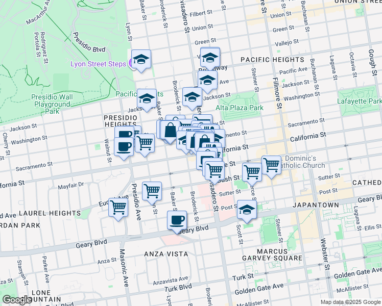 map of restaurants, bars, coffee shops, grocery stores, and more near 2890 California Street in San Francisco