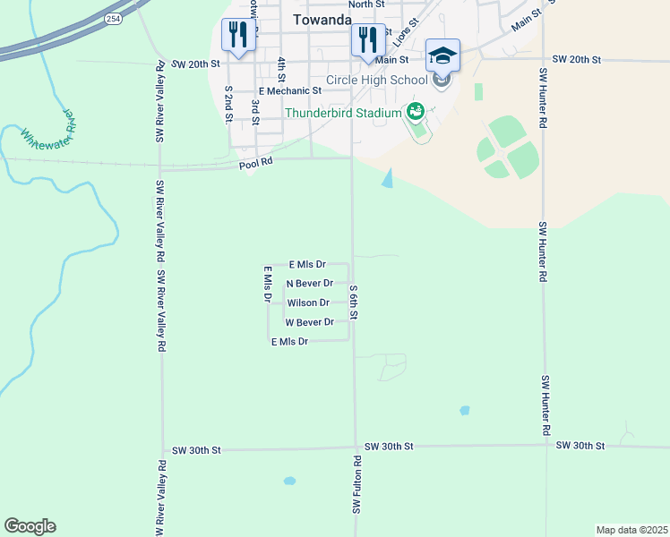 map of restaurants, bars, coffee shops, grocery stores, and more near 606 North Mills Drive in Towanda