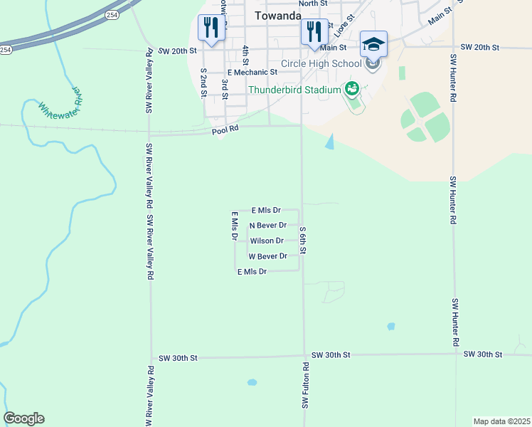 map of restaurants, bars, coffee shops, grocery stores, and more near 620 North Mills Drive in Towanda