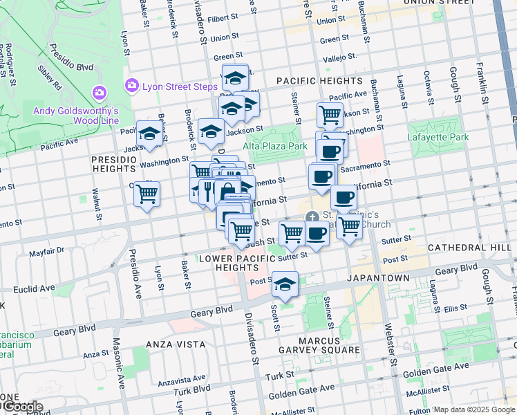 map of restaurants, bars, coffee shops, grocery stores, and more near 1980 Scott Street in San Francisco