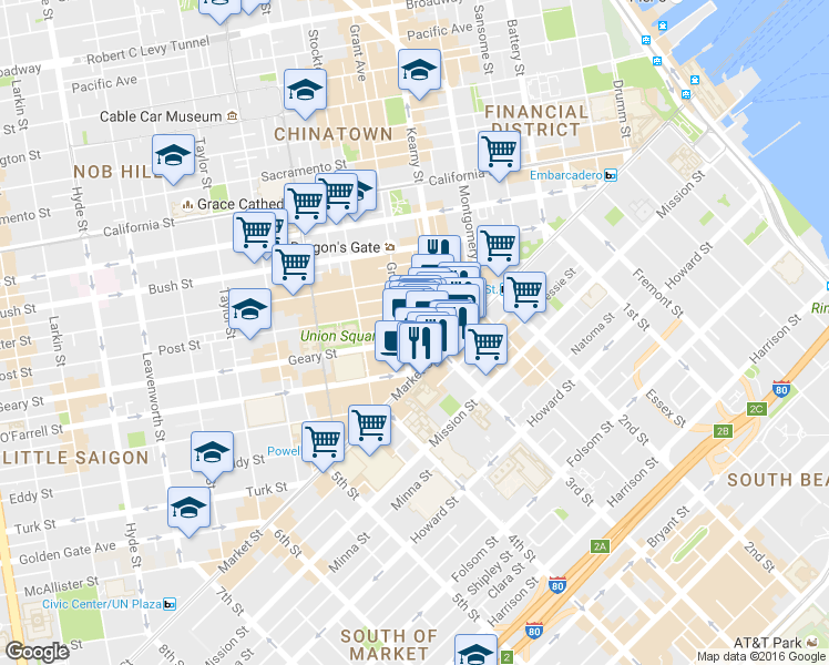 map of restaurants, bars, coffee shops, grocery stores, and more near 58 Geary Boulevard in San Francisco
