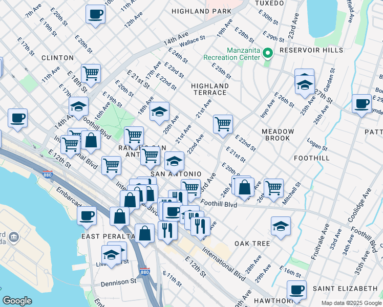 map of restaurants, bars, coffee shops, grocery stores, and more near 1914 22nd Avenue in Oakland