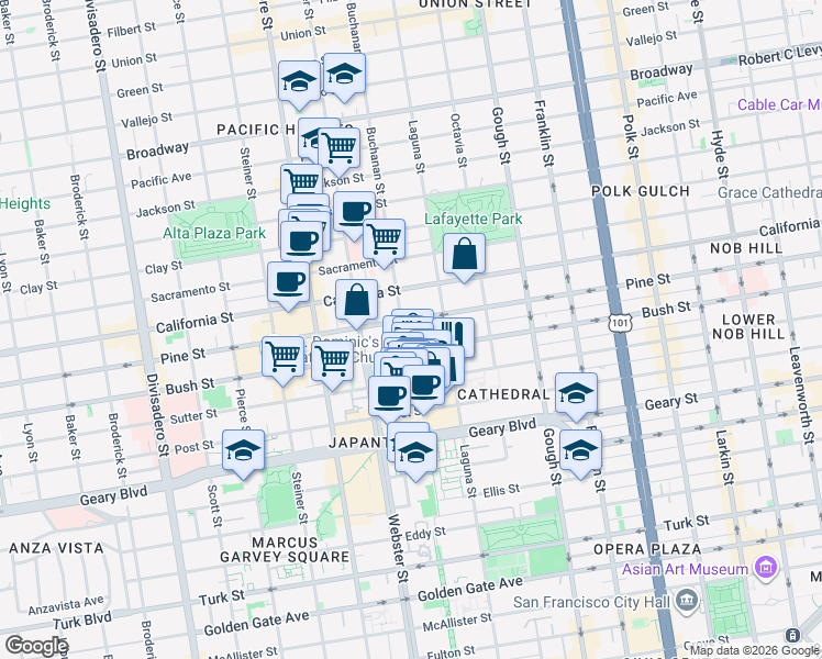 map of restaurants, bars, coffee shops, grocery stores, and more near 1998 Bush Street in San Francisco