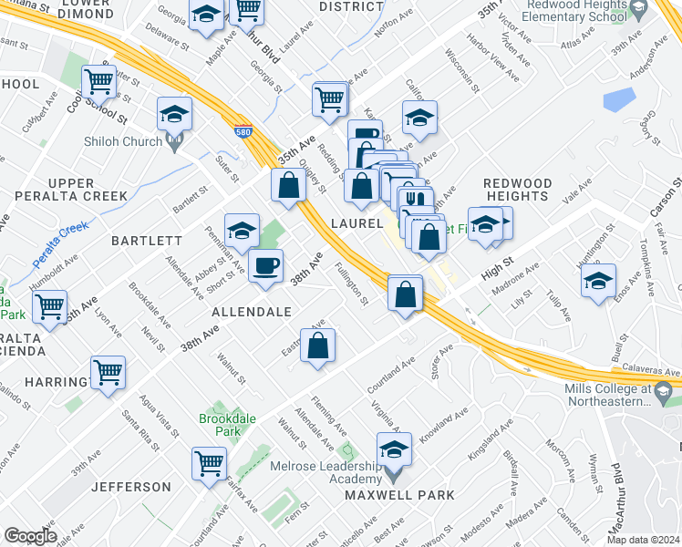 map of restaurants, bars, coffee shops, grocery stores, and more near 4012 Suter Street in Oakland