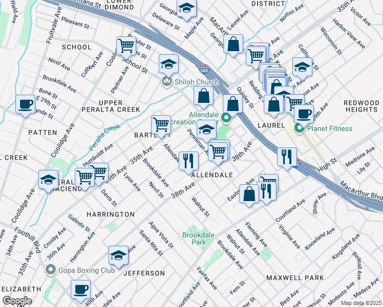 map of restaurants, bars, coffee shops, grocery stores, and more near 2834 Abbey Street in Oakland