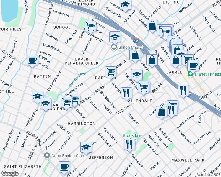 map of restaurants, bars, coffee shops, grocery stores, and more near 2727 Abbey Street in Oakland
