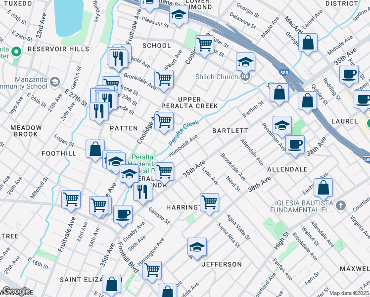 map of restaurants, bars, coffee shops, grocery stores, and more near 2370 Humboldt Avenue in Oakland