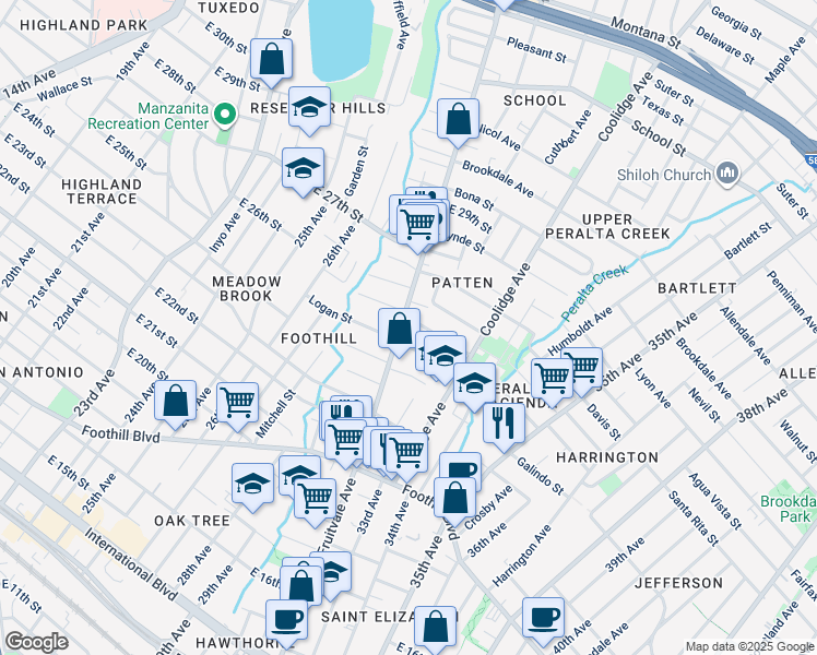 map of restaurants, bars, coffee shops, grocery stores, and more near 3235 Hyde Street in Oakland