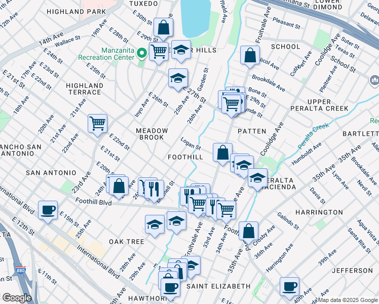 map of restaurants, bars, coffee shops, grocery stores, and more near in Oakland