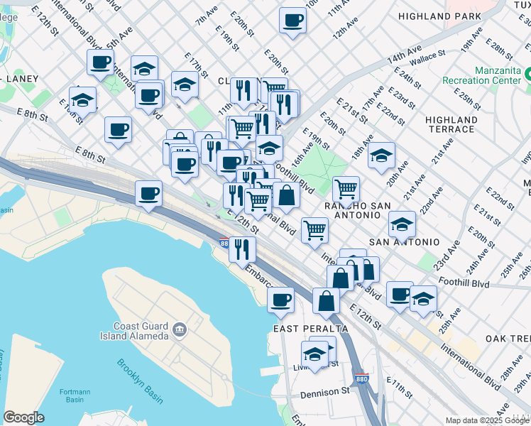 map of restaurants, bars, coffee shops, grocery stores, and more near 1613 International Boulevard in Oakland