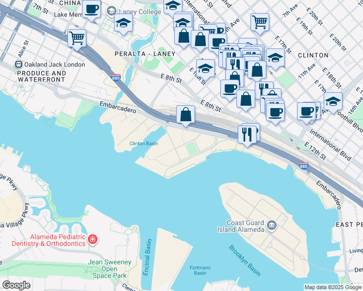 map of restaurants, bars, coffee shops, grocery stores, and more near in Oakland