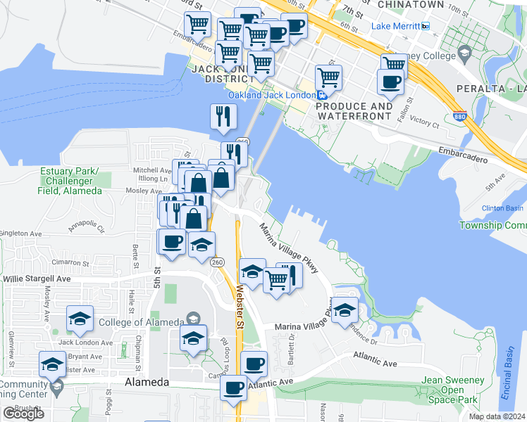 map of restaurants, bars, coffee shops, grocery stores, and more near 1390 Marina Village Parkway in Alameda