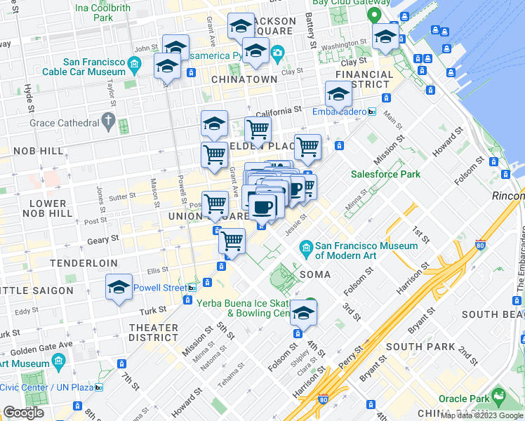 map of restaurants, bars, coffee shops, grocery stores, and more near 9 Kearny Street in San Francisco