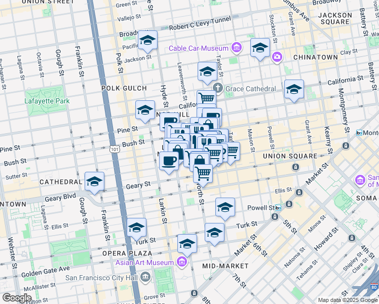 map of restaurants, bars, coffee shops, grocery stores, and more near 736 Leavenworth Street in San Francisco