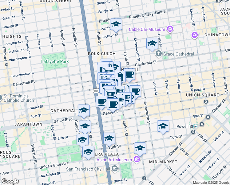 map of restaurants, bars, coffee shops, grocery stores, and more near 1234 Polk Street in San Francisco