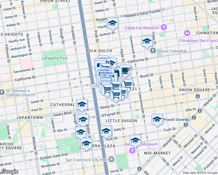 map of restaurants, bars, coffee shops, grocery stores, and more near 1234 Polk Street in San Francisco
