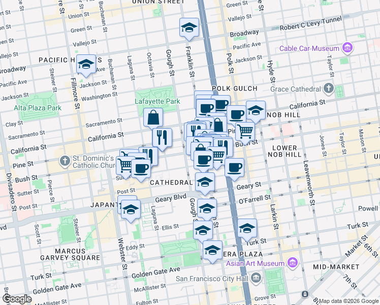 map of restaurants, bars, coffee shops, grocery stores, and more near 1701 Bush Street in San Francisco