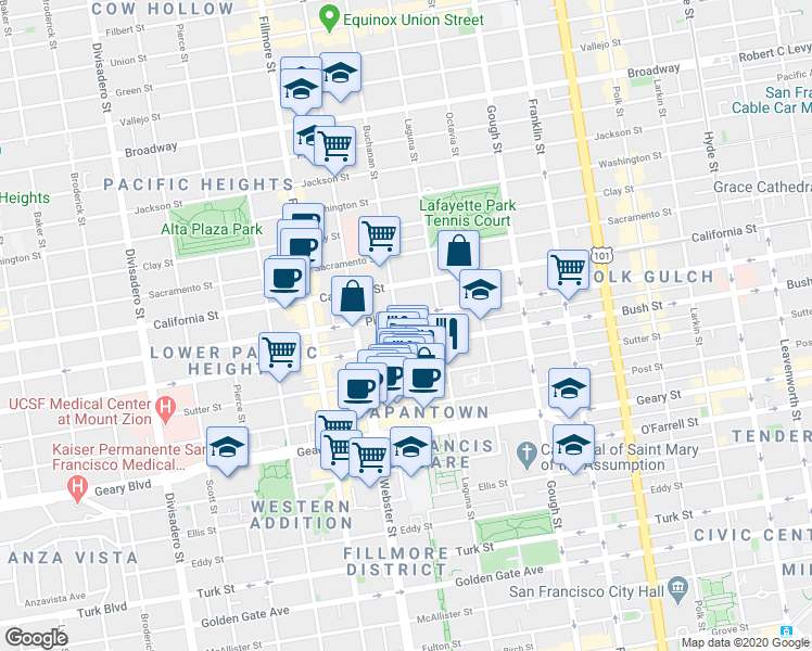 map of restaurants, bars, coffee shops, grocery stores, and more near 1998 Bush Street in San Francisco