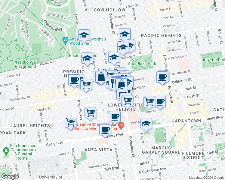 map of restaurants, bars, coffee shops, grocery stores, and more near 2848 California Street in San Francisco