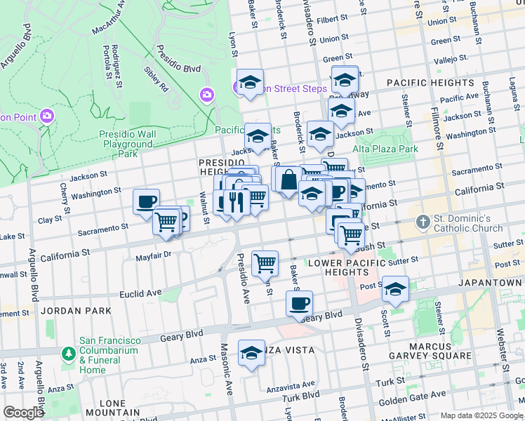 map of restaurants, bars, coffee shops, grocery stores, and more near 1814 Lyon Street in San Francisco
