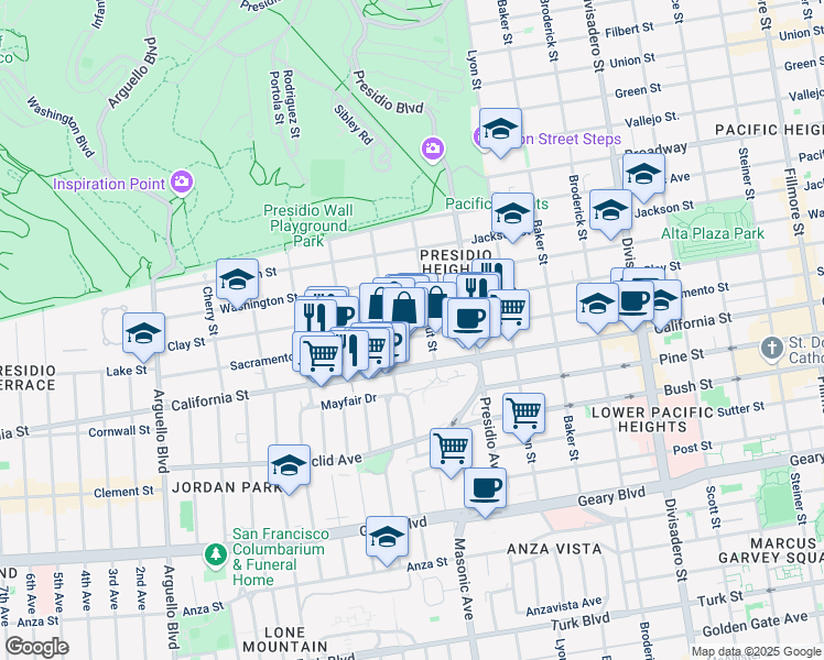 map of restaurants, bars, coffee shops, grocery stores, and more near 3450 Sacramento Street in San Francisco