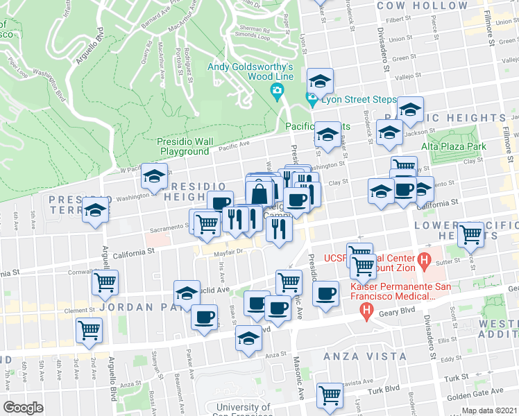 map of restaurants, bars, coffee shops, grocery stores, and more near 3450 Sacramento Street in San Francisco