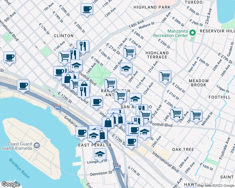 map of restaurants, bars, coffee shops, grocery stores, and more near 1633 20th Avenue in Oakland