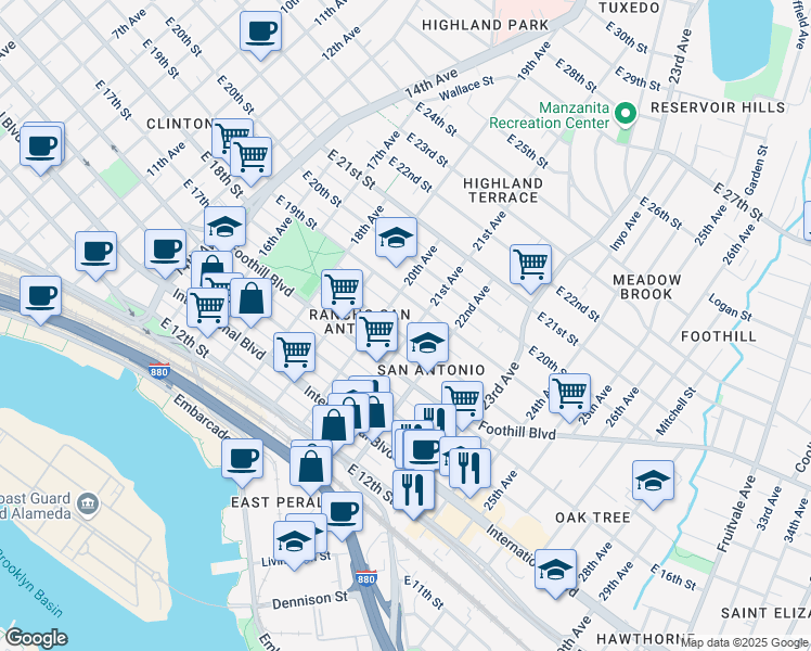 map of restaurants, bars, coffee shops, grocery stores, and more near 1717 21st Avenue in Oakland