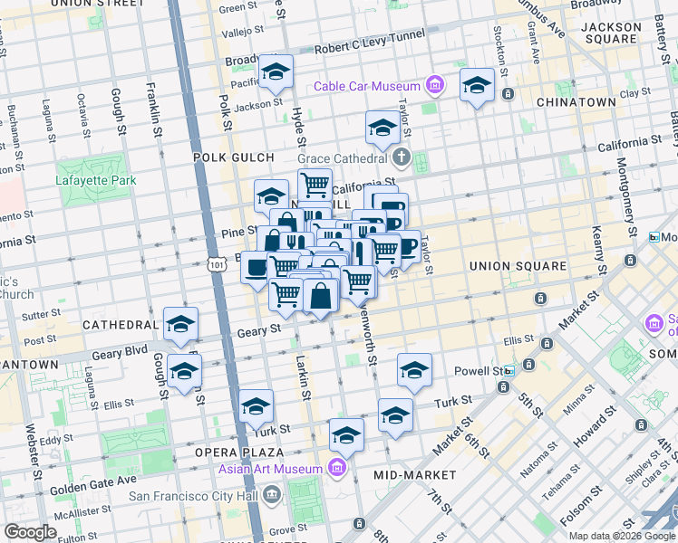 map of restaurants, bars, coffee shops, grocery stores, and more near 965 Sutter Street in San Francisco