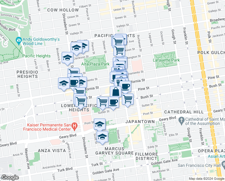 map of restaurants, bars, coffee shops, grocery stores, and more near 2006 Steiner Street in San Francisco