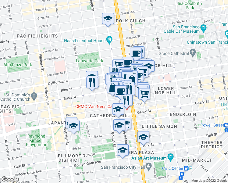 map of restaurants, bars, coffee shops, grocery stores, and more near 1625 Bush Street in San Francisco