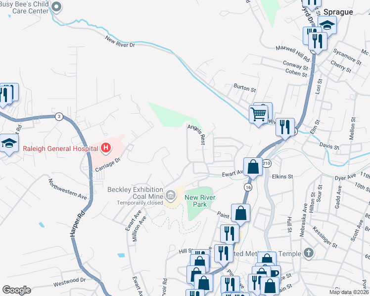 map of restaurants, bars, coffee shops, grocery stores, and more near 250 Angels Rest in Beckley