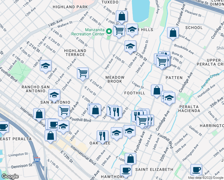 map of restaurants, bars, coffee shops, grocery stores, and more near 2459 East 23rd Street in Oakland