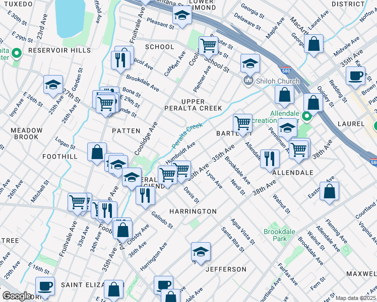 map of restaurants, bars, coffee shops, grocery stores, and more near 2370 Humboldt Avenue in Oakland
