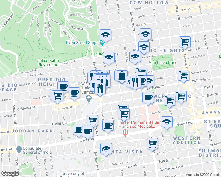 map of restaurants, bars, coffee shops, grocery stores, and more near 1814 Lyon Street in San Francisco