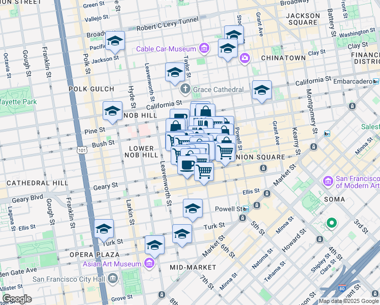map of restaurants, bars, coffee shops, grocery stores, and more near 628 Post Street in San Francisco