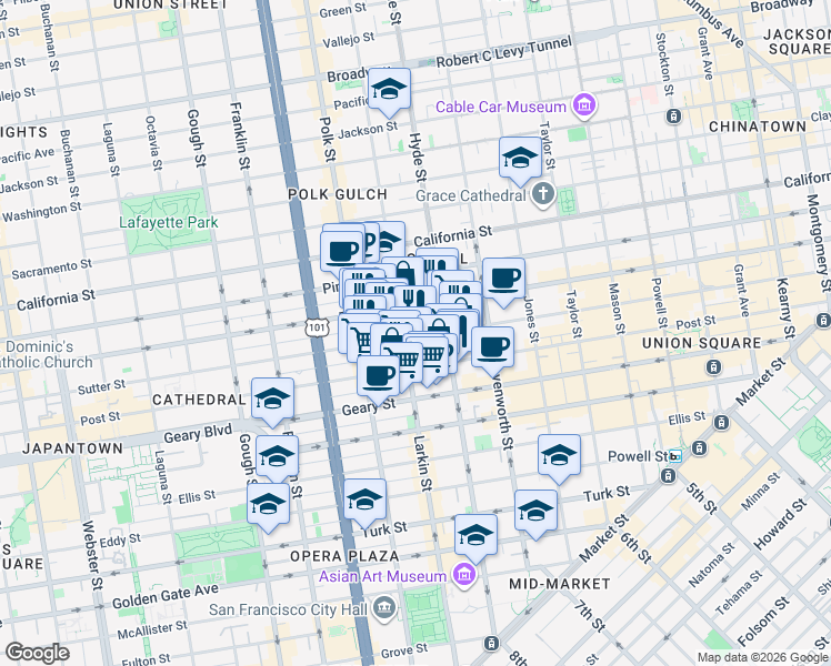 map of restaurants, bars, coffee shops, grocery stores, and more near 1078 Sutter Street in San Francisco